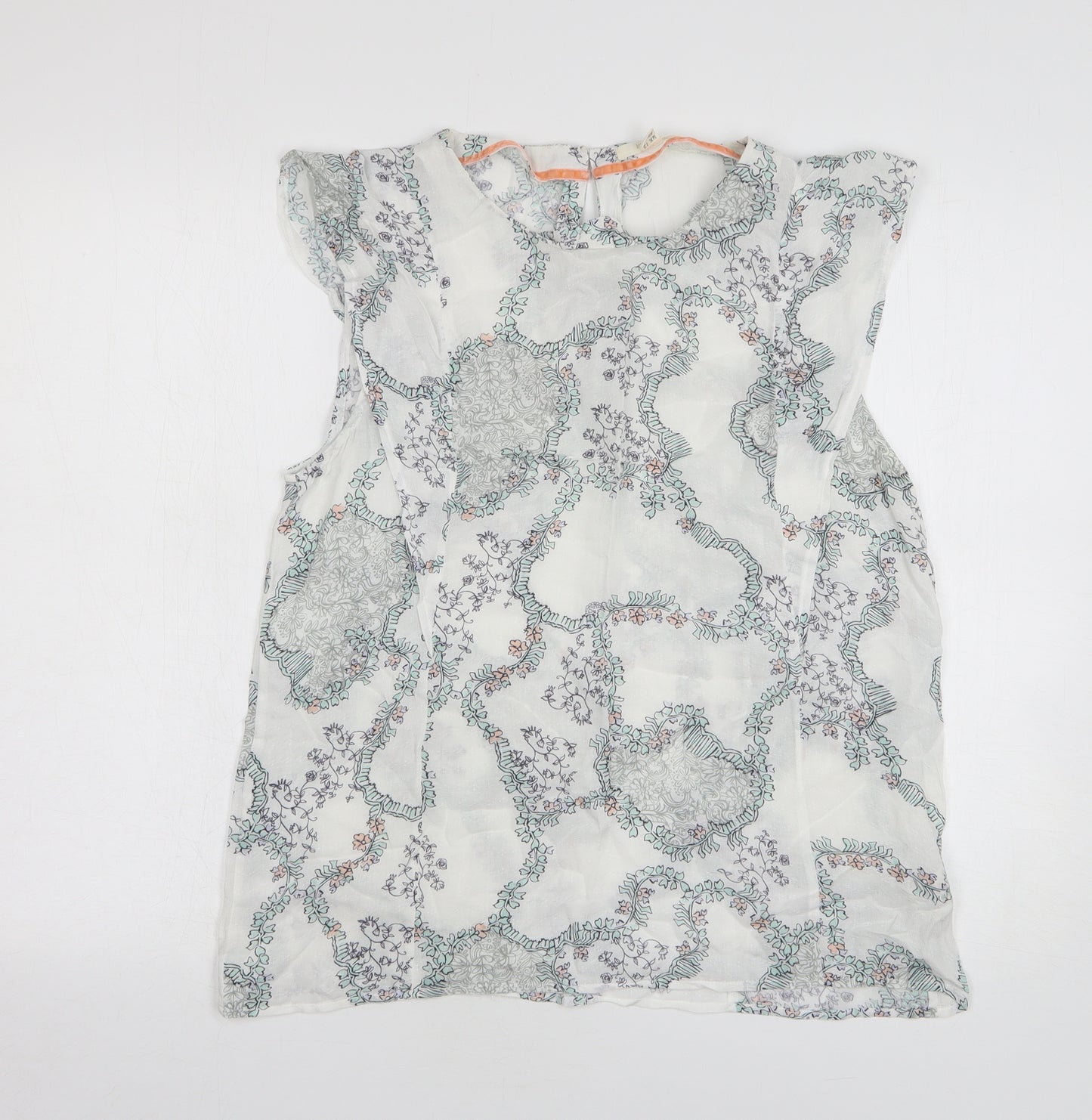 White Stuff Womens White Floral Viscose Basic Blouse Size 12 Round Neck