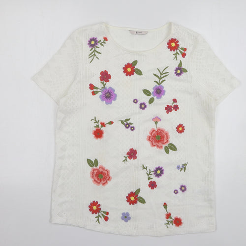 TU Womens White Floral Polyester Basic T-Shirt Size 10 Round Neck