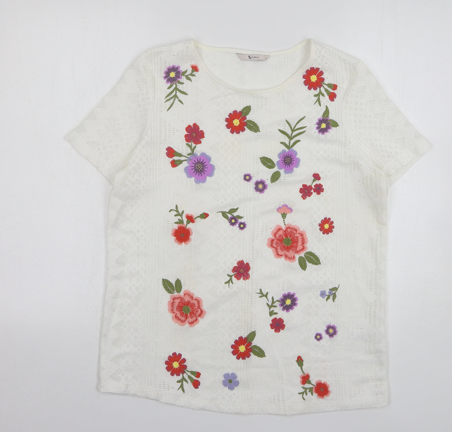 TU Womens White Floral Polyester Basic T-Shirt Size 10 Round Neck