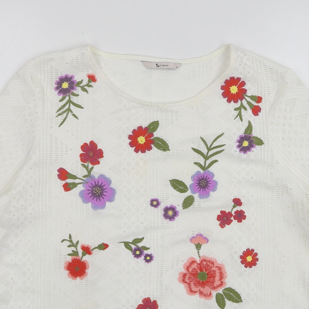 TU Womens White Floral Polyester Basic T-Shirt Size 10 Round Neck