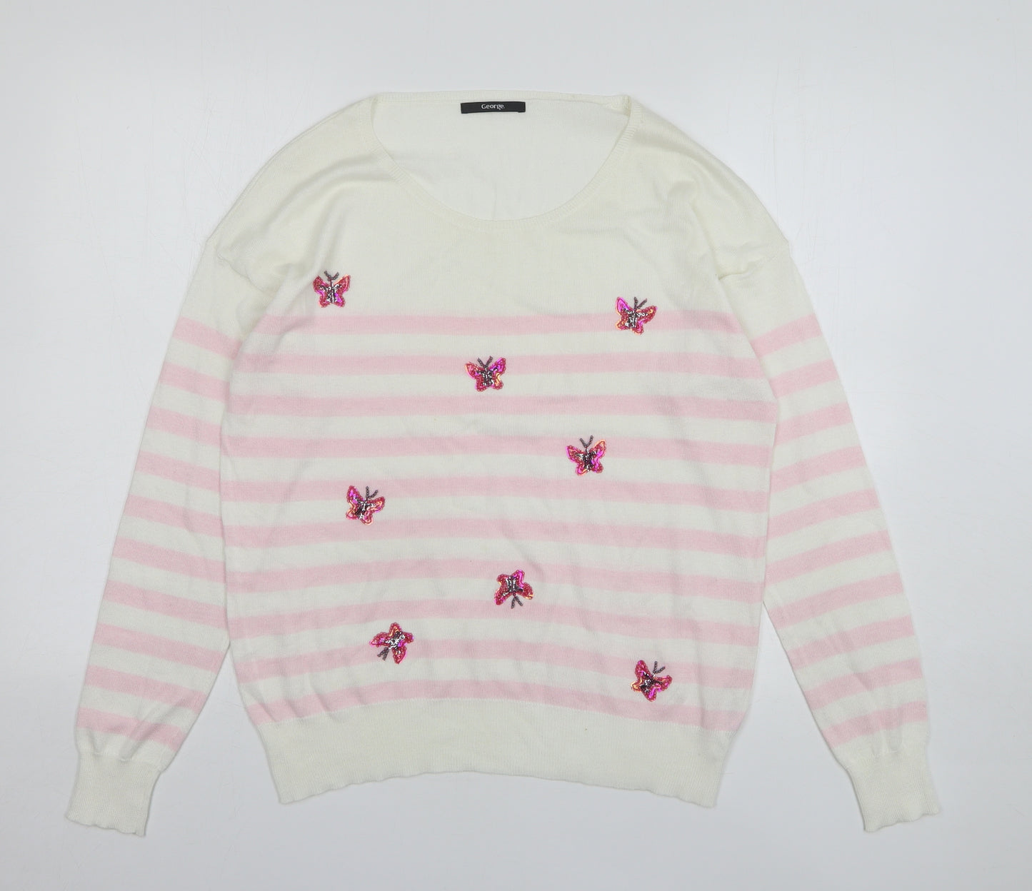 George Womens Pink Round Neck Striped Polyester Pullover Jumper Size 12 - Butterflies
