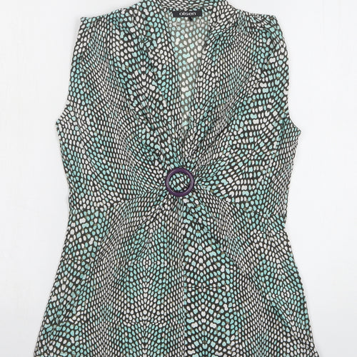 Olsen Womens Green Geometric Polyamide Basic Button-Up Size 10 V-Neck