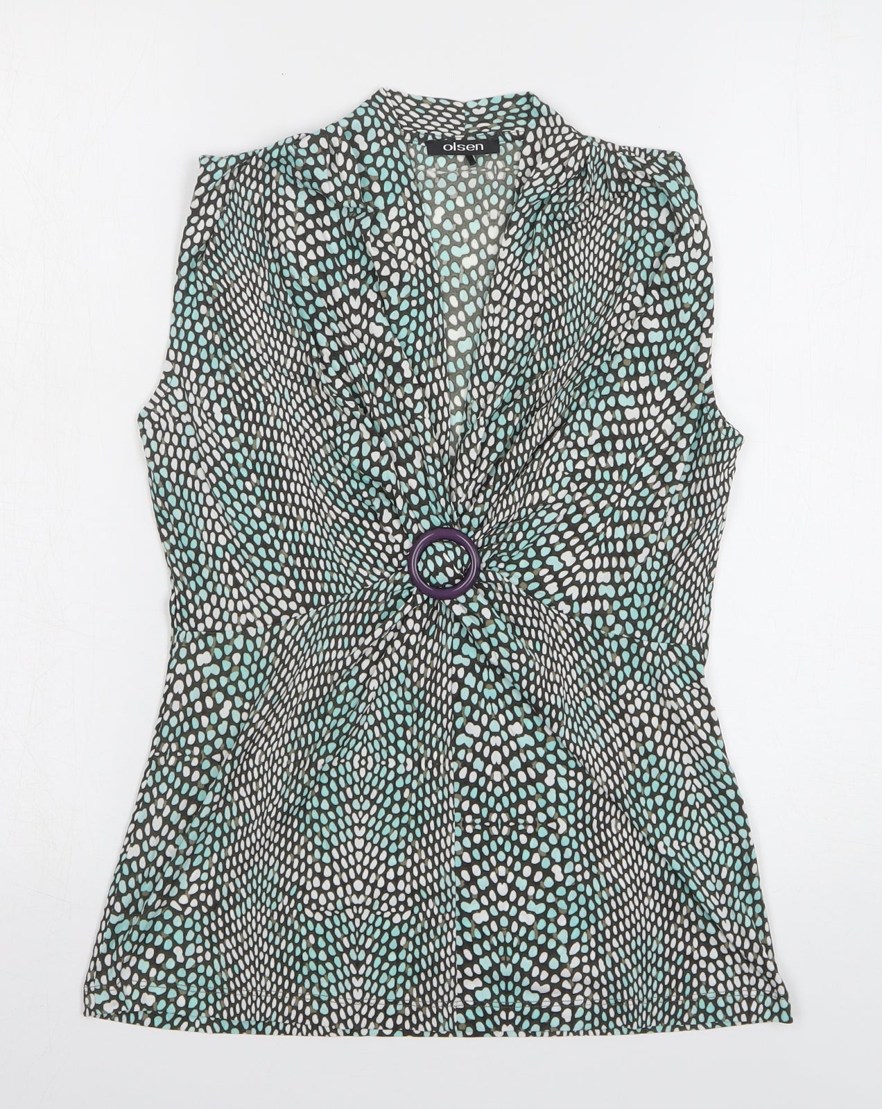 Olsen Womens Green Geometric Polyamide Basic Button-Up Size 10 V-Neck