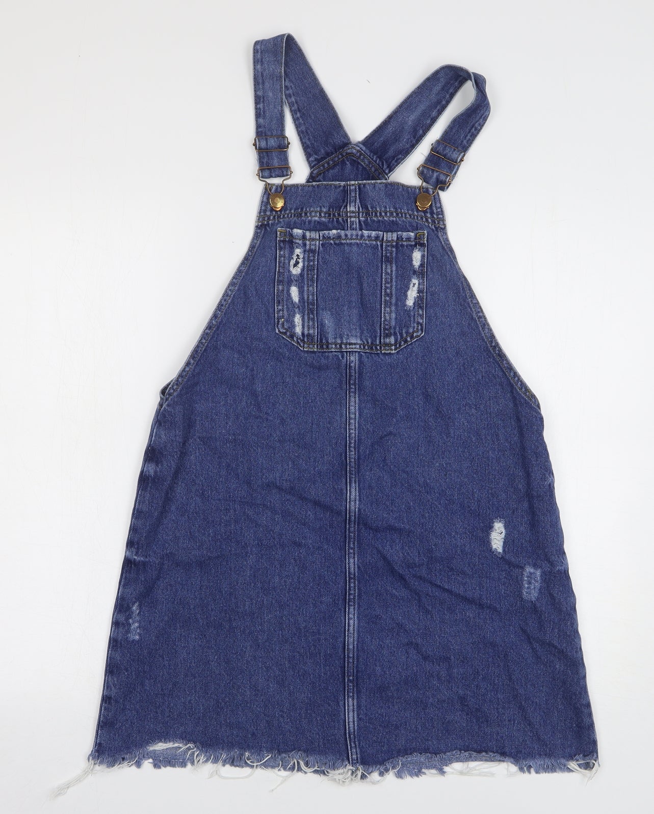 River Island Womens Blue Cotton Pinafore/Dungaree Dress Size 10 Square Neck Button - Distressed