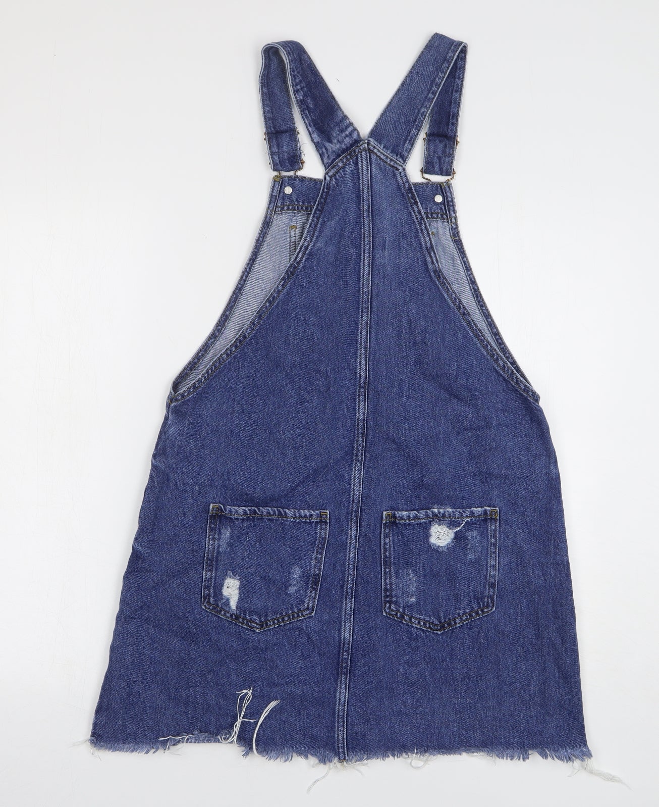 River Island Womens Blue Cotton Pinafore/Dungaree Dress Size 10 Square Neck Button - Distressed