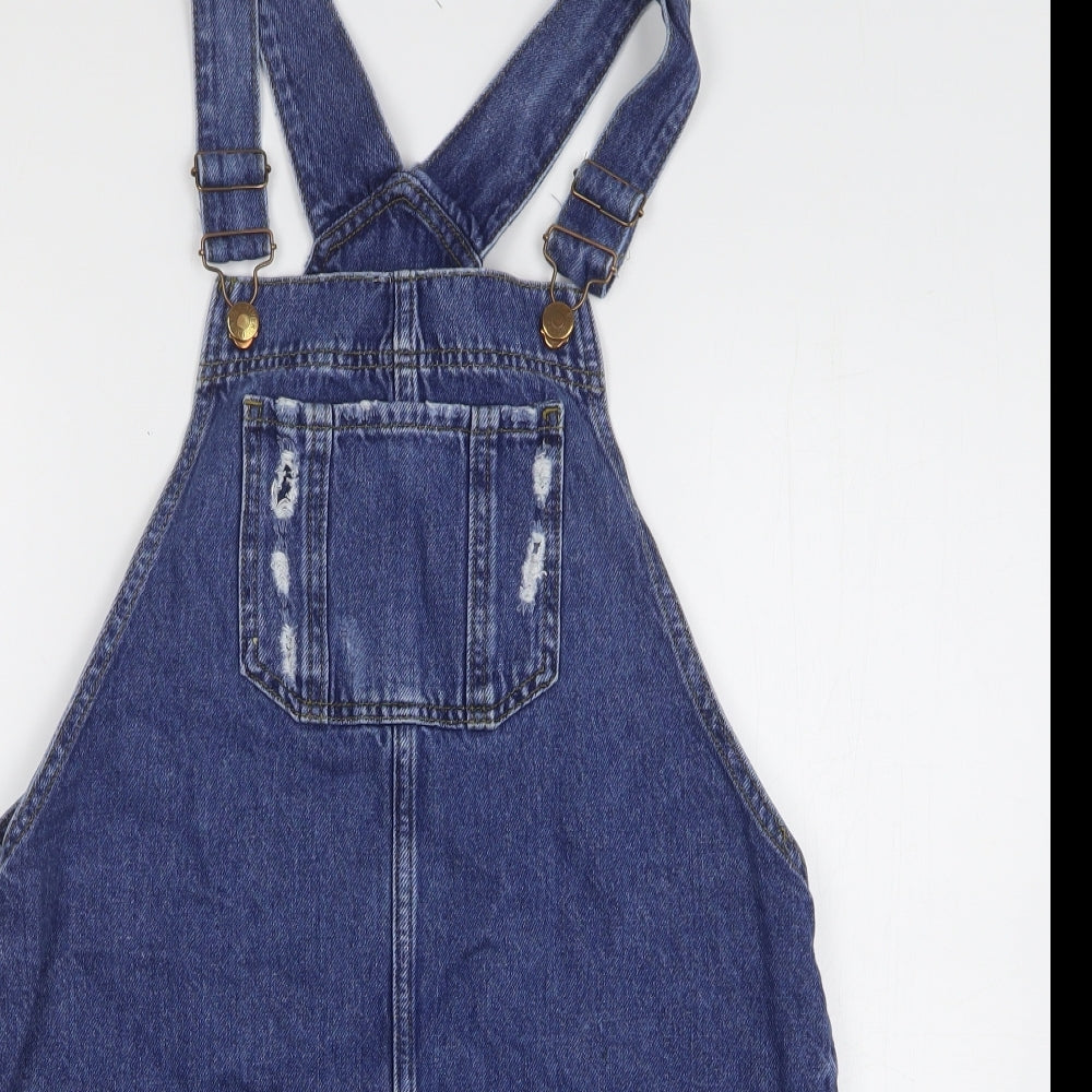 River Island Womens Blue Cotton Pinafore/Dungaree Dress Size 10 Square Neck Button - Distressed