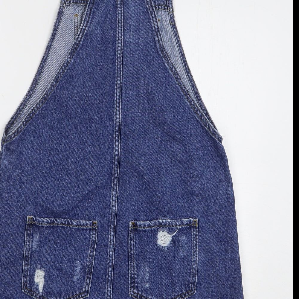 River Island Womens Blue Cotton Pinafore/Dungaree Dress Size 10 Square Neck Button - Distressed