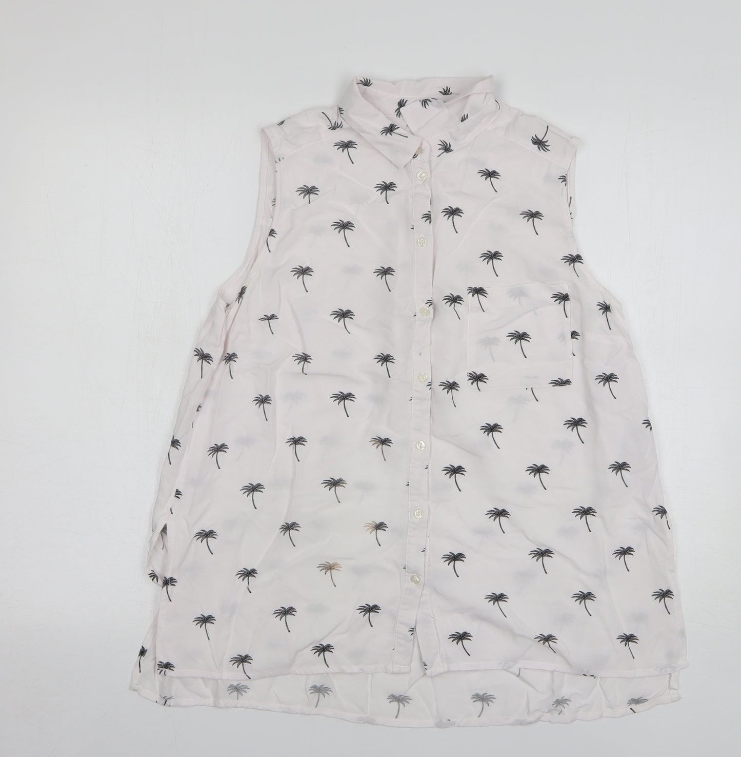 H&M Womens White Geometric Viscose Basic Button-Up Size 10 Collared - Palm Tree