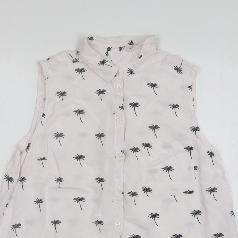 H&M Womens White Geometric Viscose Basic Button-Up Size 10 Collared - Palm Tree