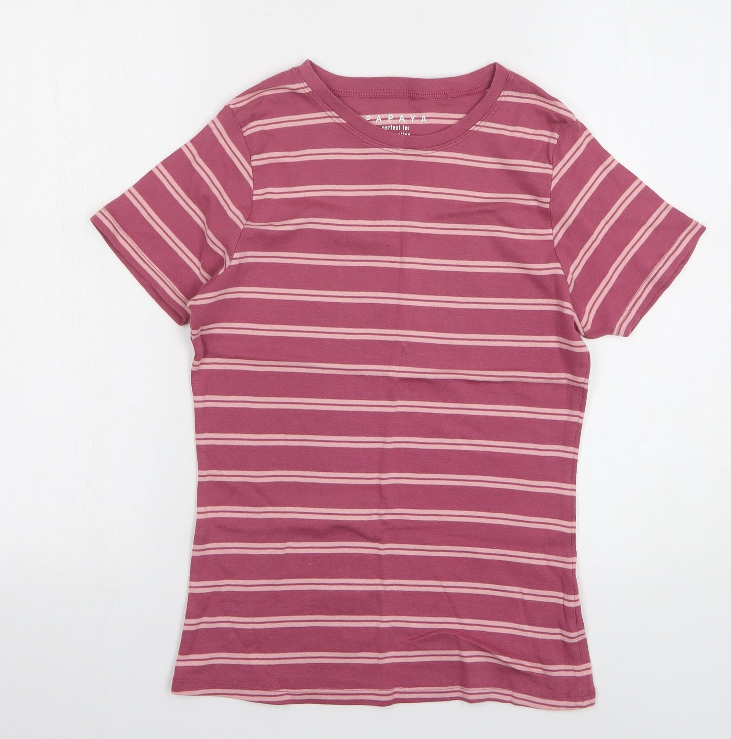 Papaya Womens Purple Striped Cotton Basic T-Shirt Size 14 Round Neck