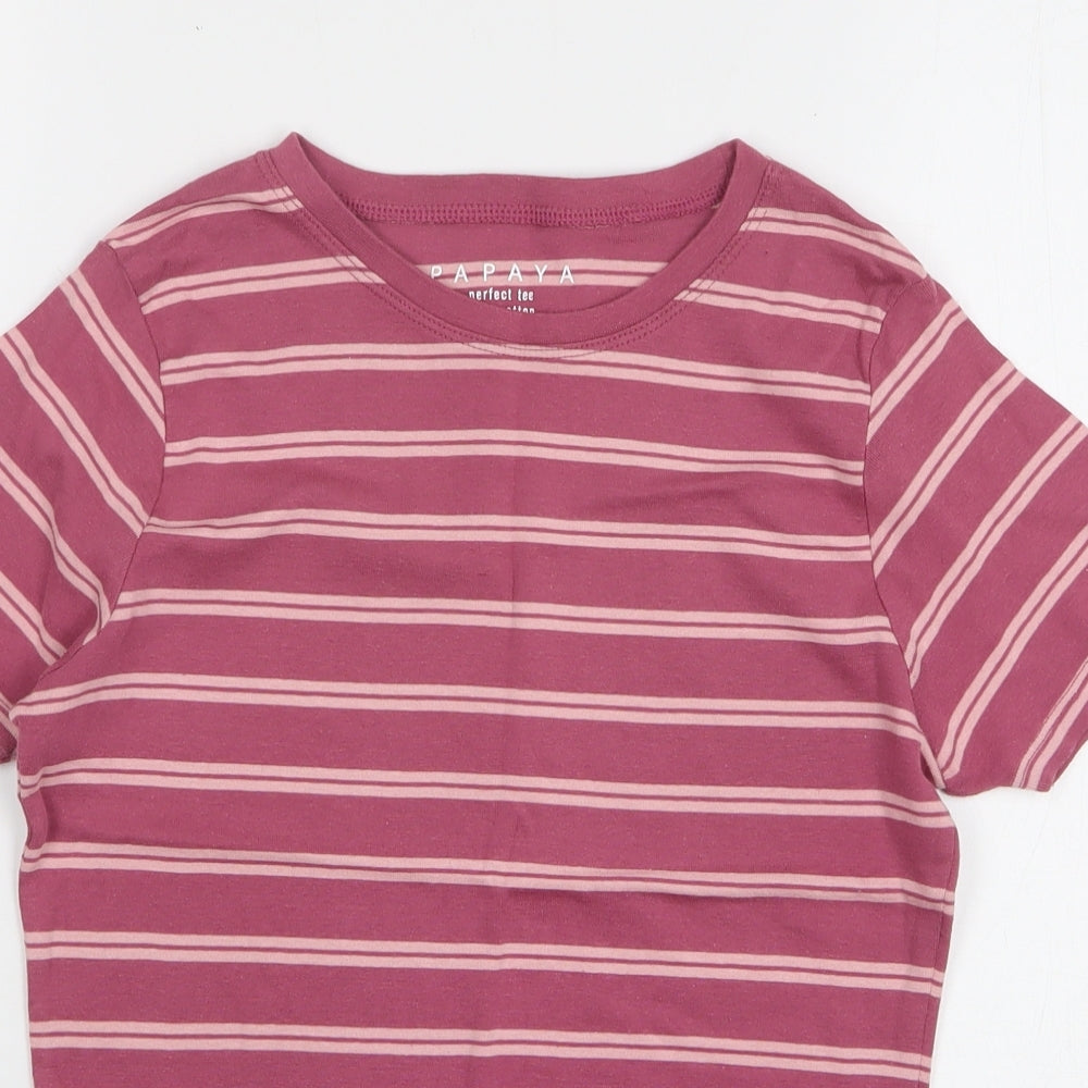 Papaya Womens Purple Striped Cotton Basic T-Shirt Size 14 Round Neck