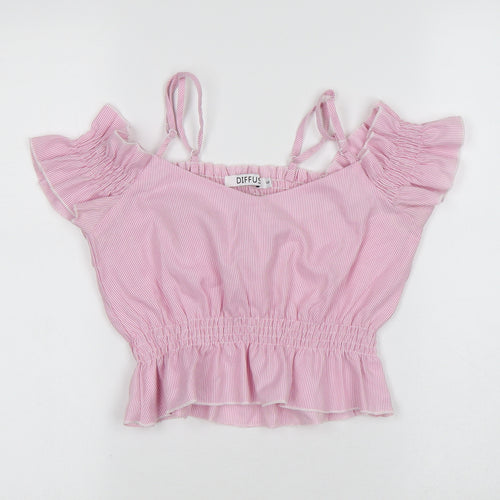 diffuse Womens Pink Striped Polyester Cropped T-Shirt Size 6 Square Neck - Stripes
