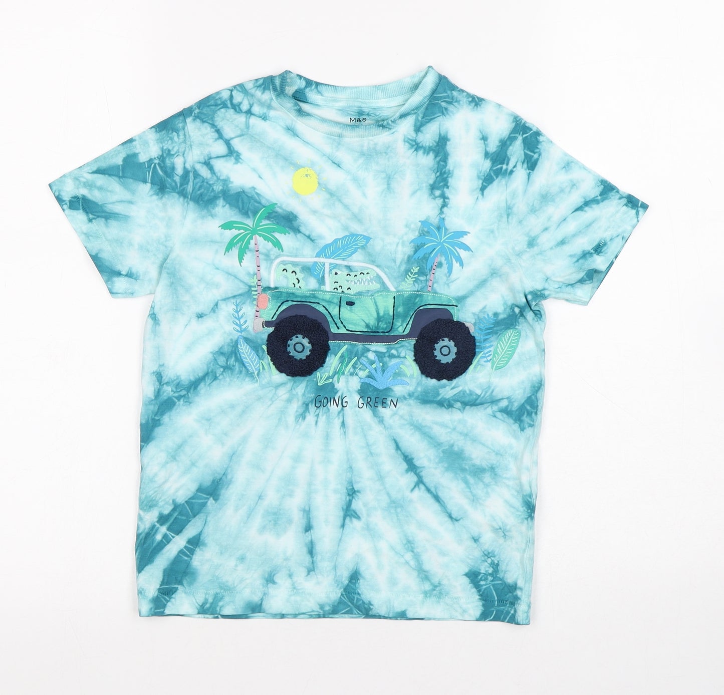 Marks and Spencer Boys Blue Geometric Cotton Pullover T-Shirt Size 6-7 Years Round Neck - Tye Dye