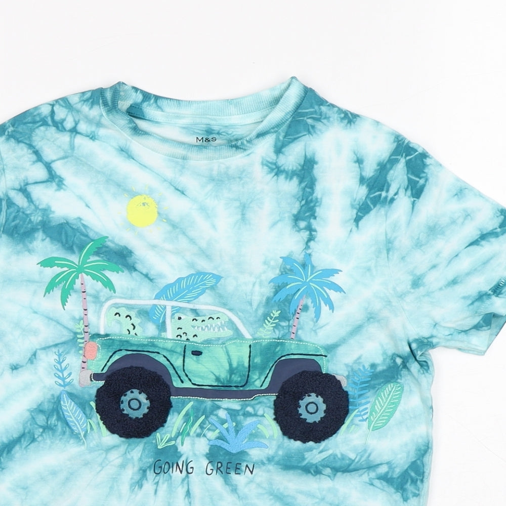 Marks and Spencer Boys Blue Geometric Cotton Pullover T-Shirt Size 6-7 Years Round Neck - Tye Dye