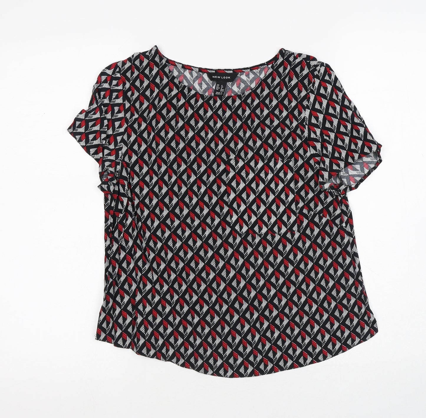 New Look Womens Multicoloured Geometric Viscose Jersey T-Shirt Size 8 Round Neck