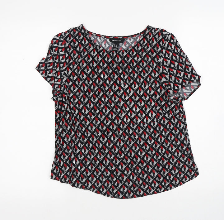 New Look Womens Multicoloured Geometric Viscose Jersey T-Shirt Size 8 Round Neck