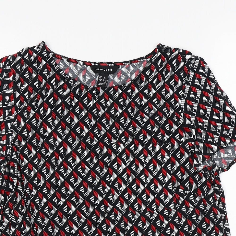 New Look Womens Multicoloured Geometric Viscose Jersey T-Shirt Size 8 Round Neck