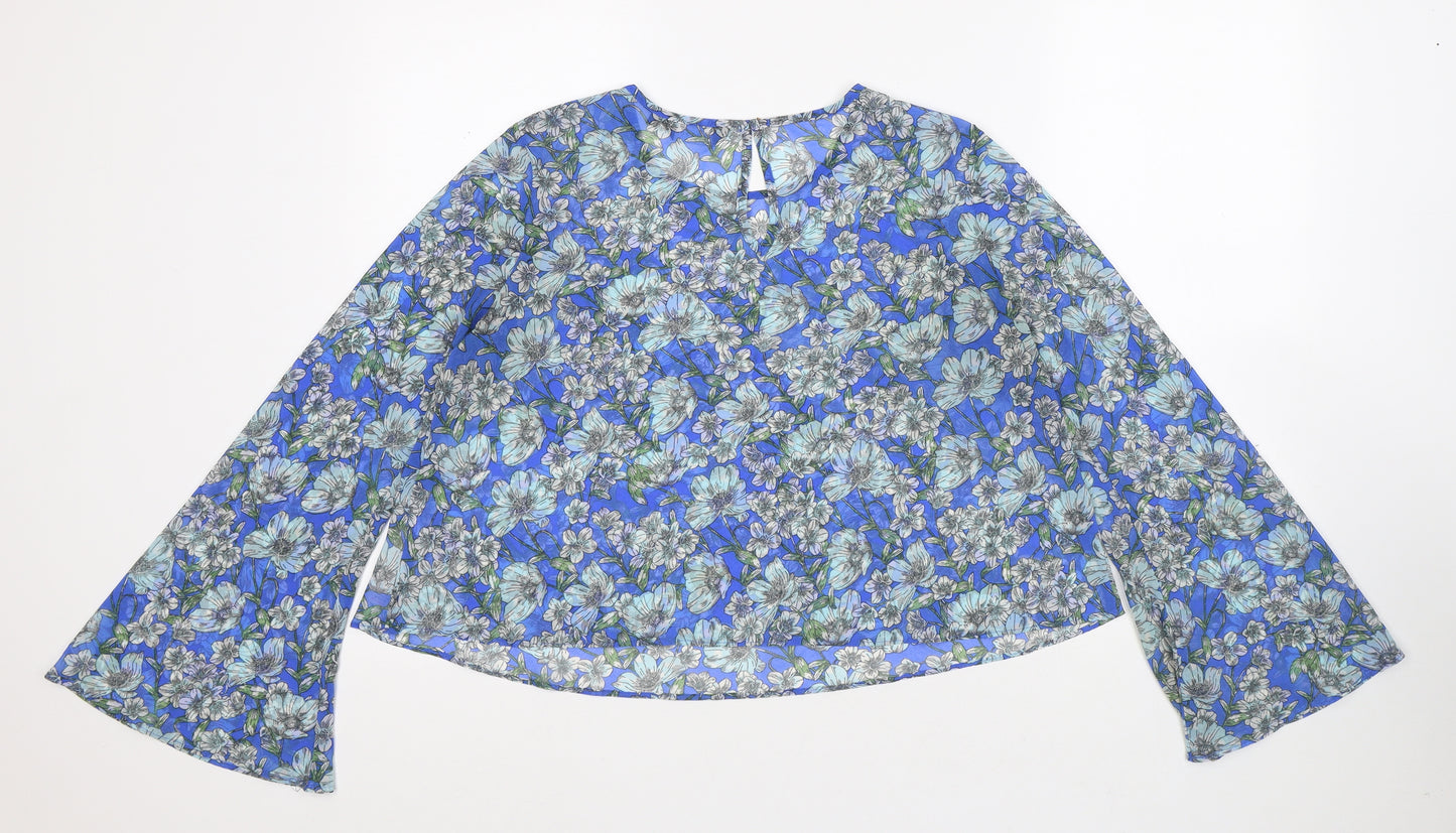 New Look Womens Blue Floral Polyester Basic Blouse Size 10 Round Neck - Flowers