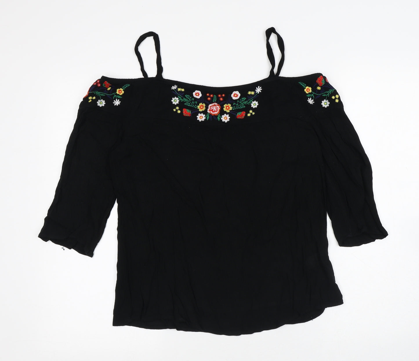 Papaya Womens Black Floral Viscose Basic Blouse Size 10 Round Neck
