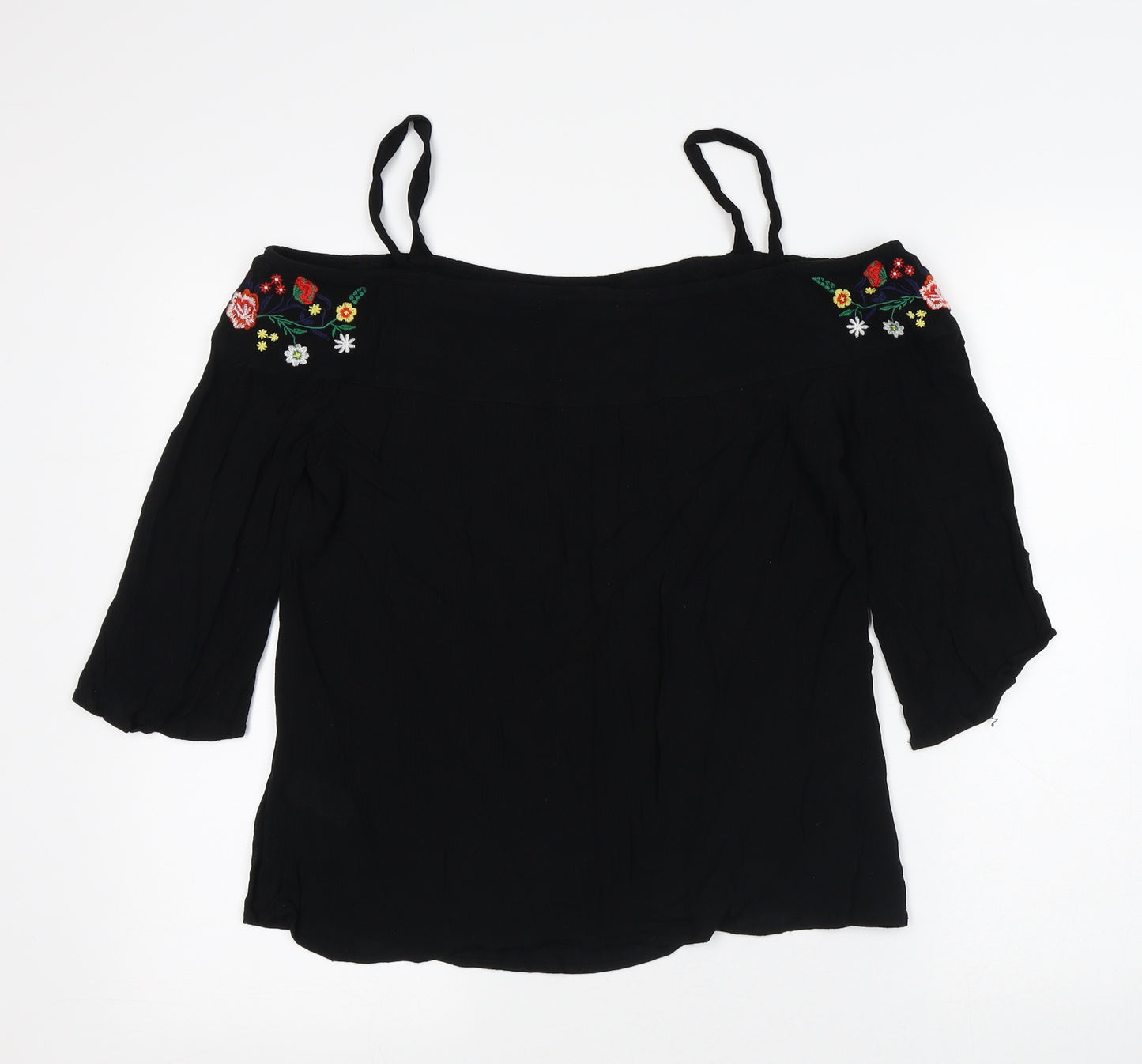 Papaya Womens Black Floral Viscose Basic Blouse Size 10 Round Neck
