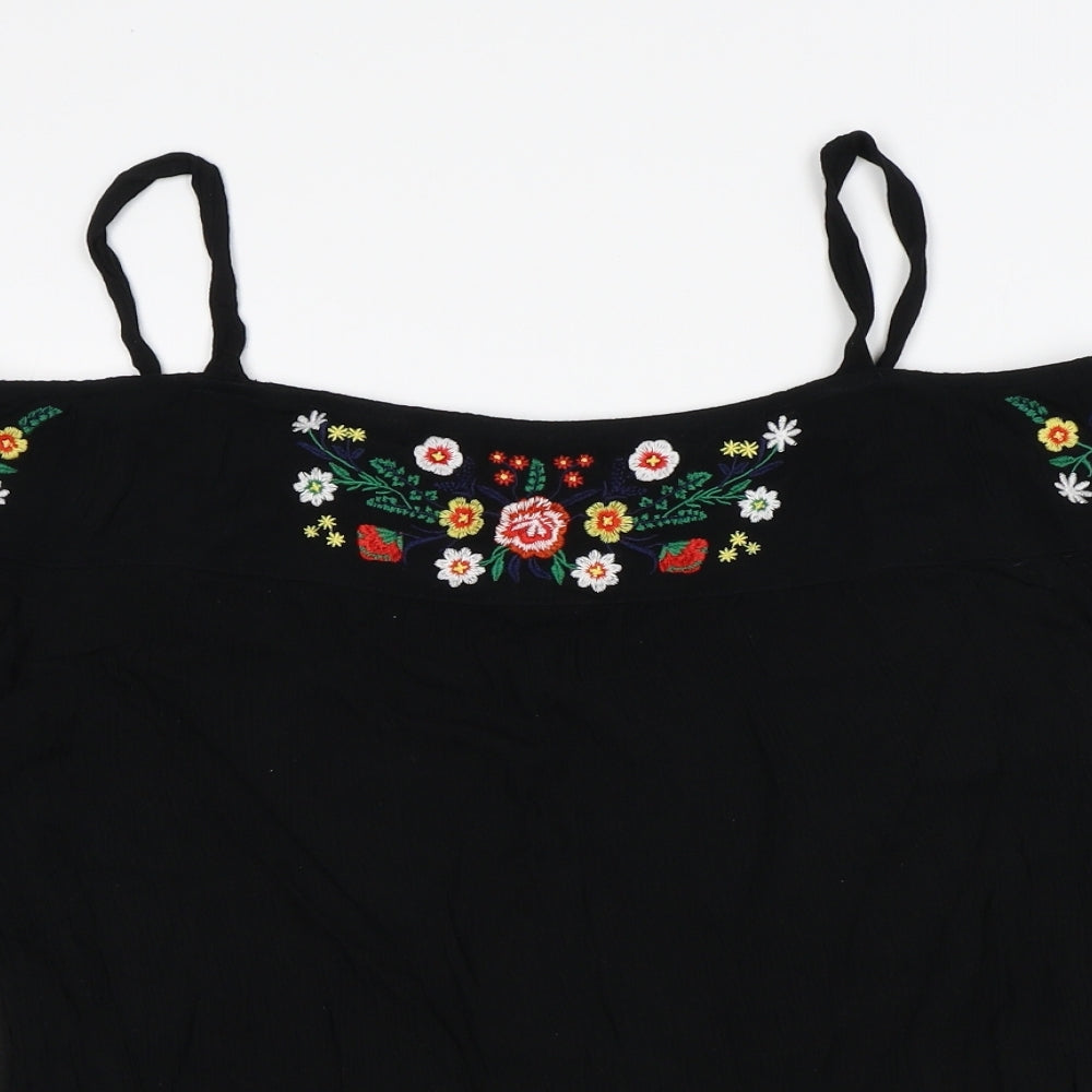 Papaya Womens Black Floral Viscose Basic Blouse Size 10 Round Neck