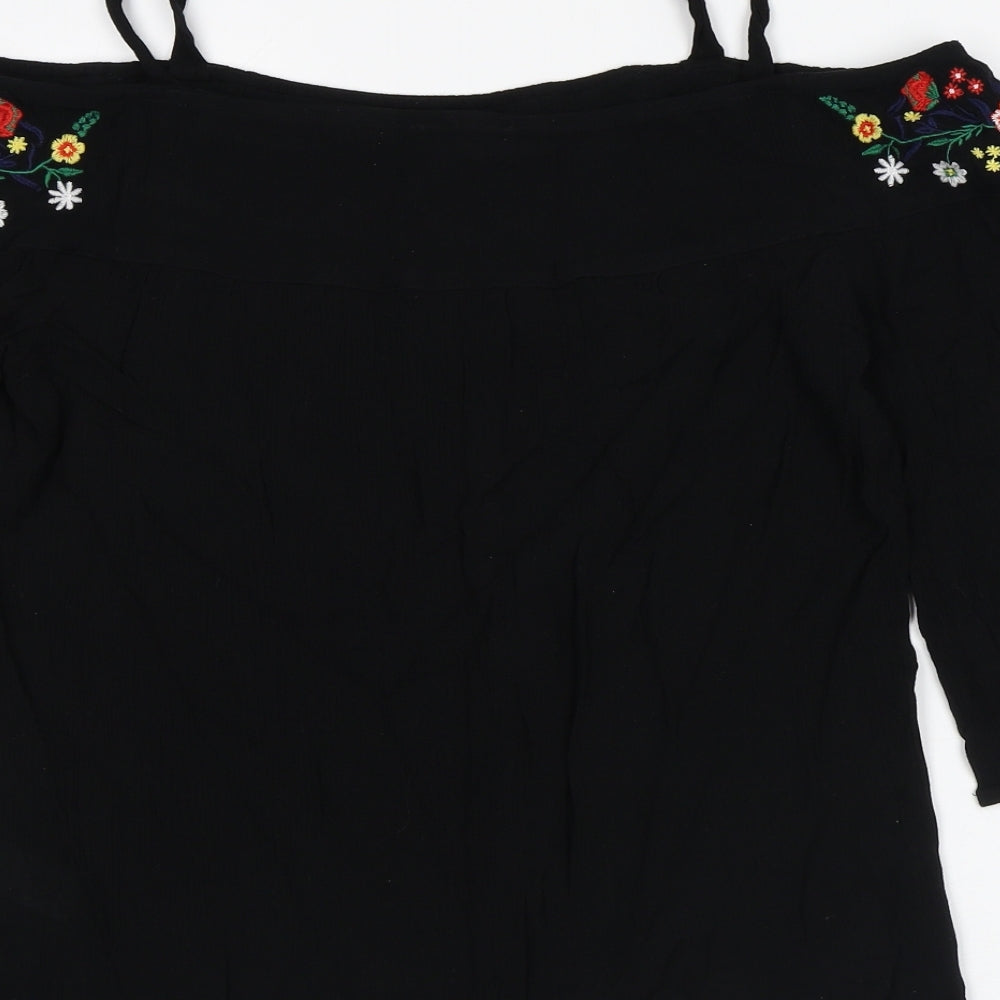 Papaya Womens Black Floral Viscose Basic Blouse Size 10 Round Neck