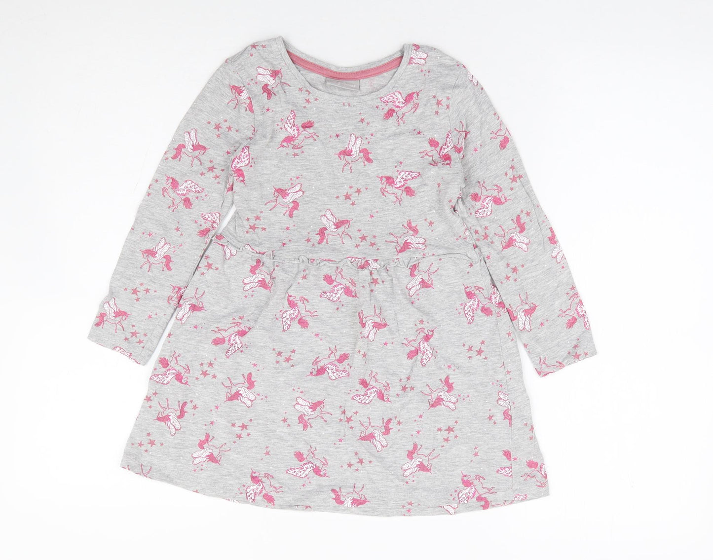Matalan Girls Grey Geometric Cotton Fit & Flare Size 6 Years Round Neck Pullover - Unicorn