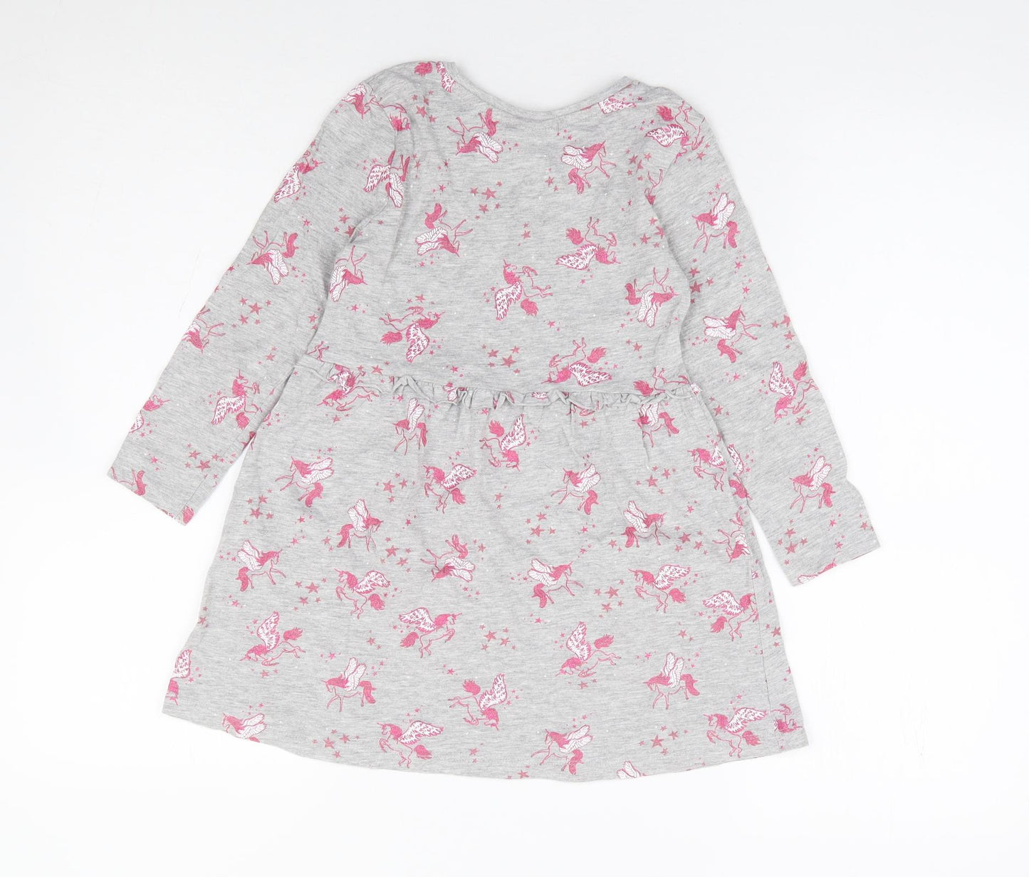 Matalan Girls Grey Geometric Cotton Fit & Flare Size 6 Years Round Neck Pullover - Unicorn