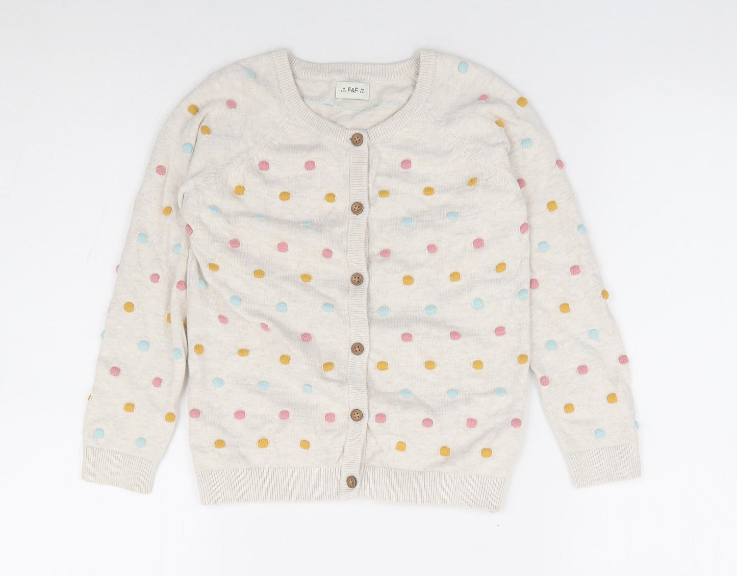 F&F Girls Multicoloured Crew Neck Geometric 100% Cotton Cardigan Jumper Size 5-6 Years Button - Pom Pom