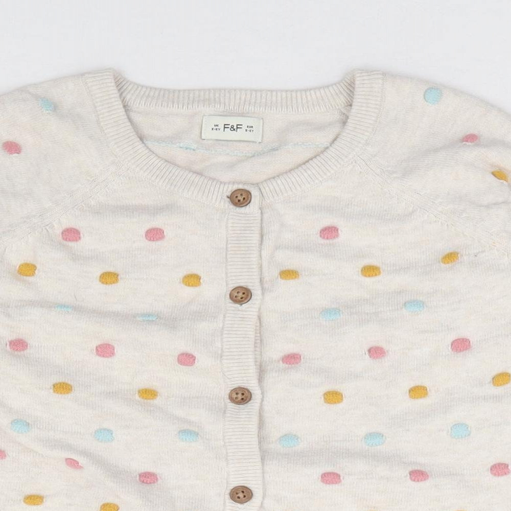 F&F Girls Multicoloured Crew Neck Geometric 100% Cotton Cardigan Jumper Size 5-6 Years Button - Pom Pom