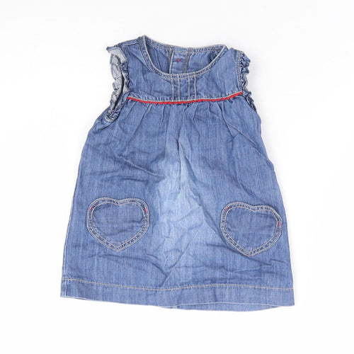 Marks and Spencer Girls Blue 100% Cotton A-Line Size 6-9 Months Round Neck Button - Love Heart