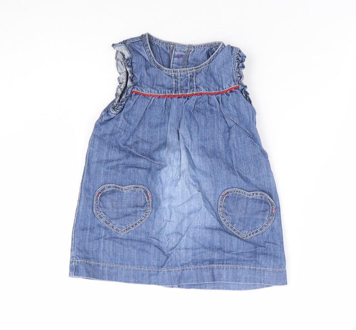 Marks and Spencer Girls Blue 100% Cotton A-Line Size 6-9 Months Round Neck Button - Love Heart