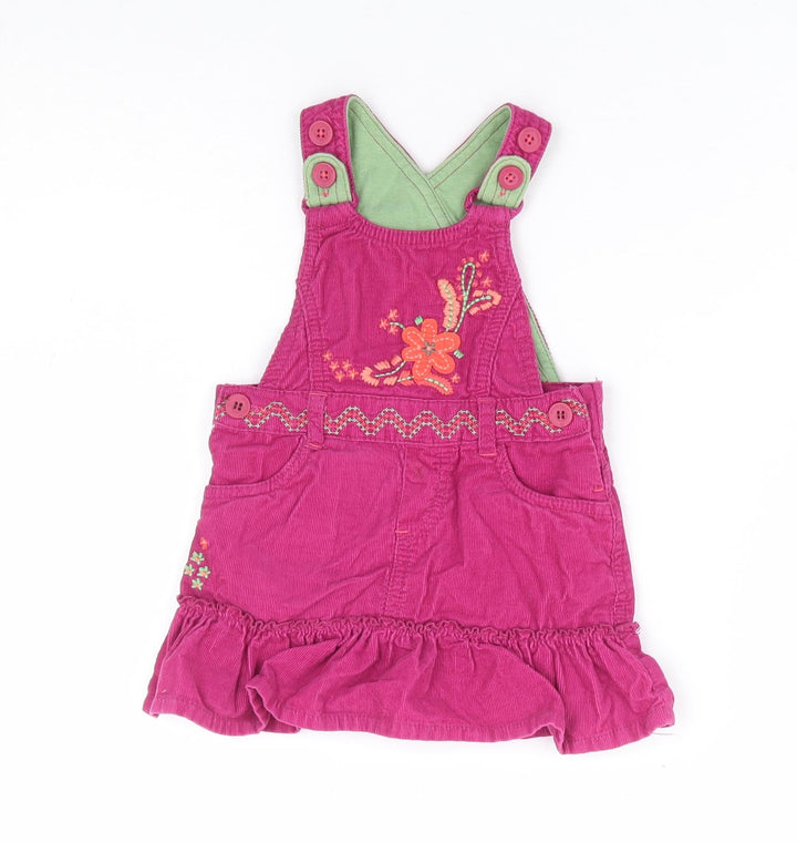 Marks and Spencer Girls Purple Floral 100% Cotton Pinafore/Dungaree Dress Size 6-9 Months Square Neck Button