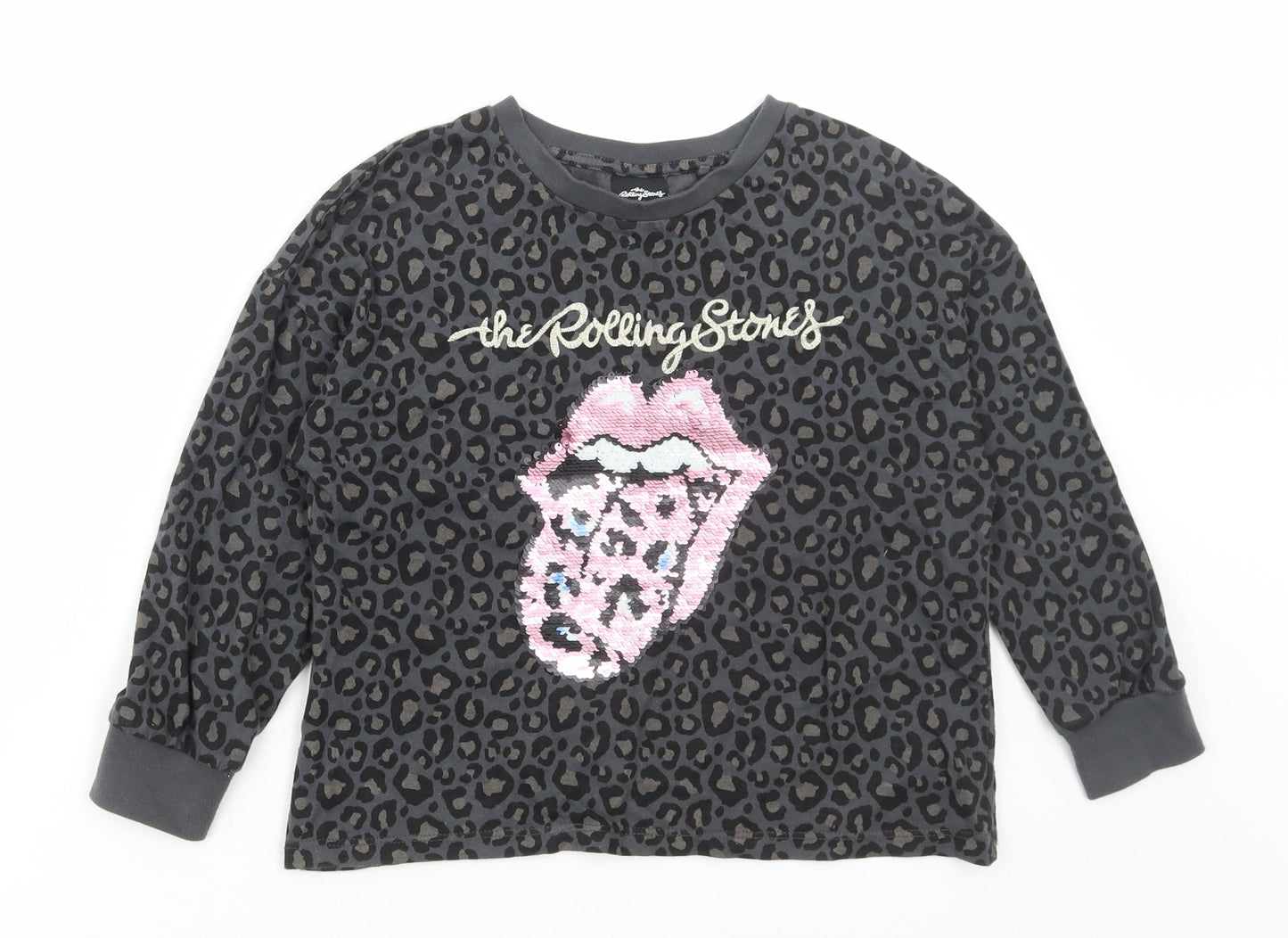 NEXT Girls Grey Animal Print Cotton Basic T-Shirt Size 7 Years Round Neck Pullover - The Rolling Stones