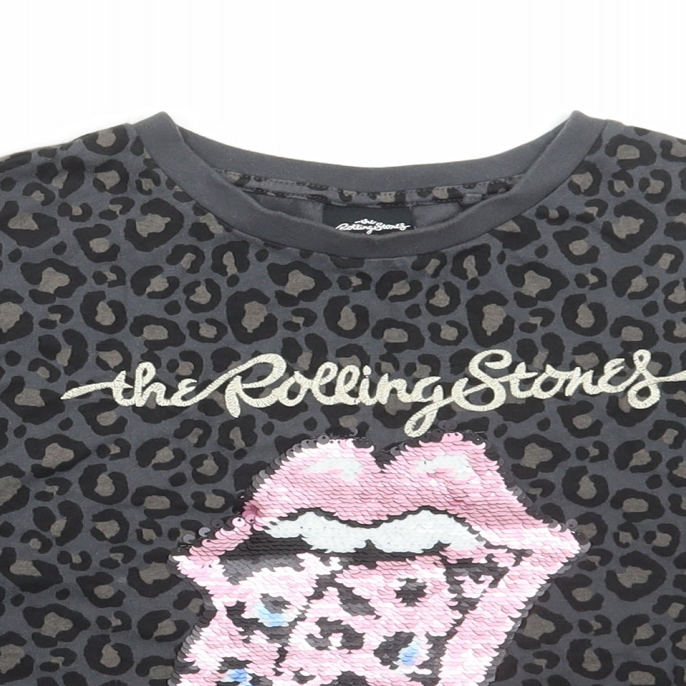 NEXT Girls Grey Animal Print Cotton Basic T-Shirt Size 7 Years Round Neck Pullover - The Rolling Stones