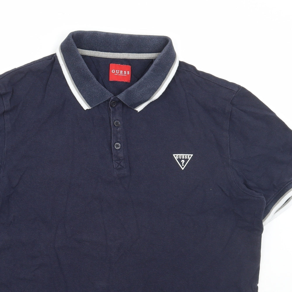 GUESS Mens Blue Cotton Polo Size L Collared Button