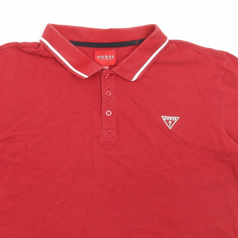 GUESS Mens Red Cotton Polo Size L Collared Button