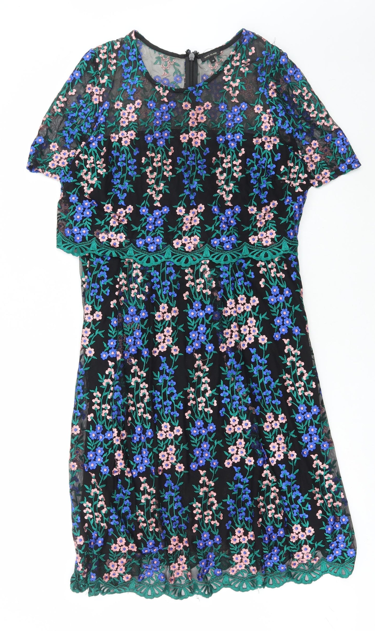 River Island Womens Multicoloured Floral Polyester A-Line Size 18 Round Neck Zip