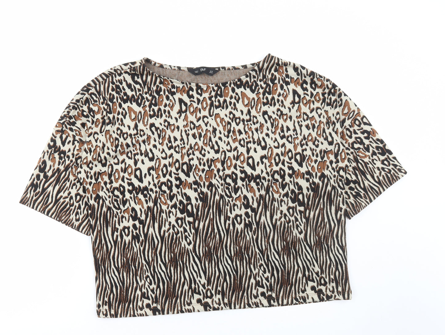 F&F Womens Brown Animal Print Polyester Basic T-Shirt Size 18 Round Neck