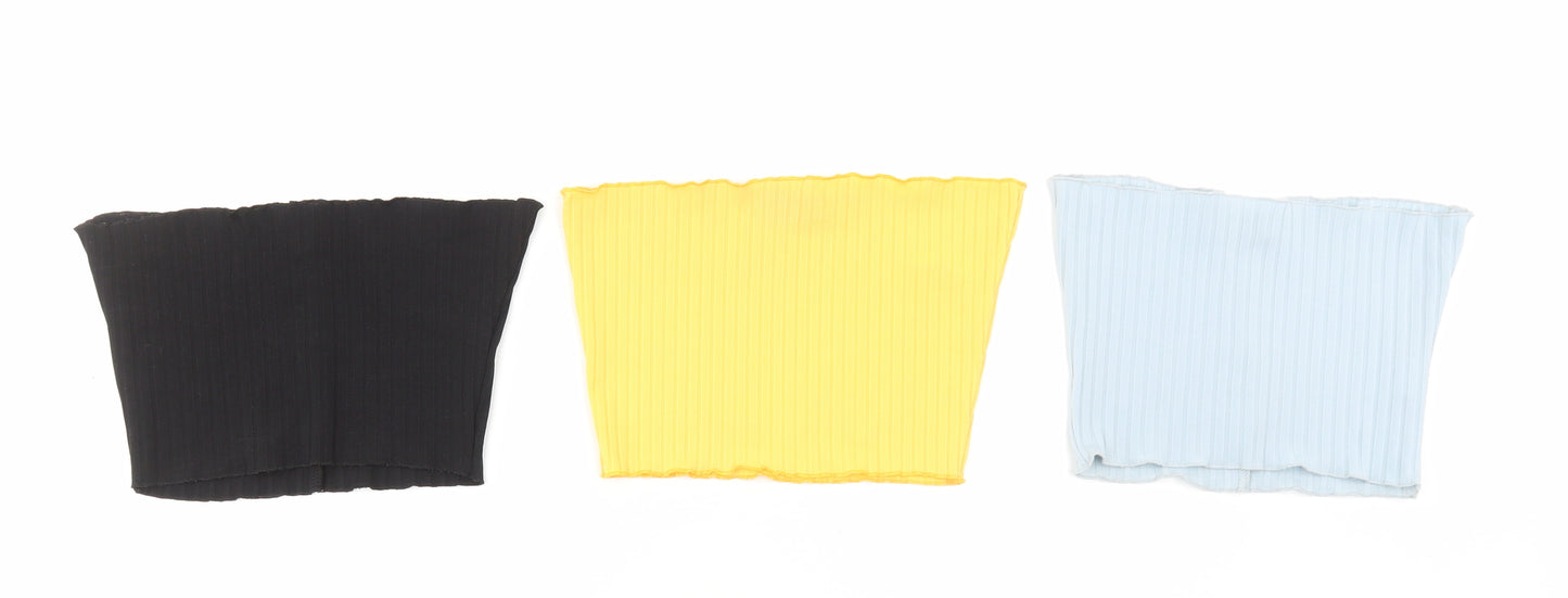 PRETTYLITTLETHING Womens Multicoloured Polyester Cropped T-Shirt Size 6 Off the Shoulder - Bandeau Ribbed Lettuce Hem Set of 3