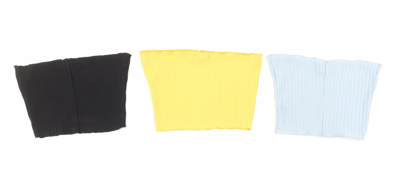 PRETTYLITTLETHING Womens Multicoloured Polyester Cropped T-Shirt Size 6 Off the Shoulder - Bandeau Ribbed Lettuce Hem Set of 3