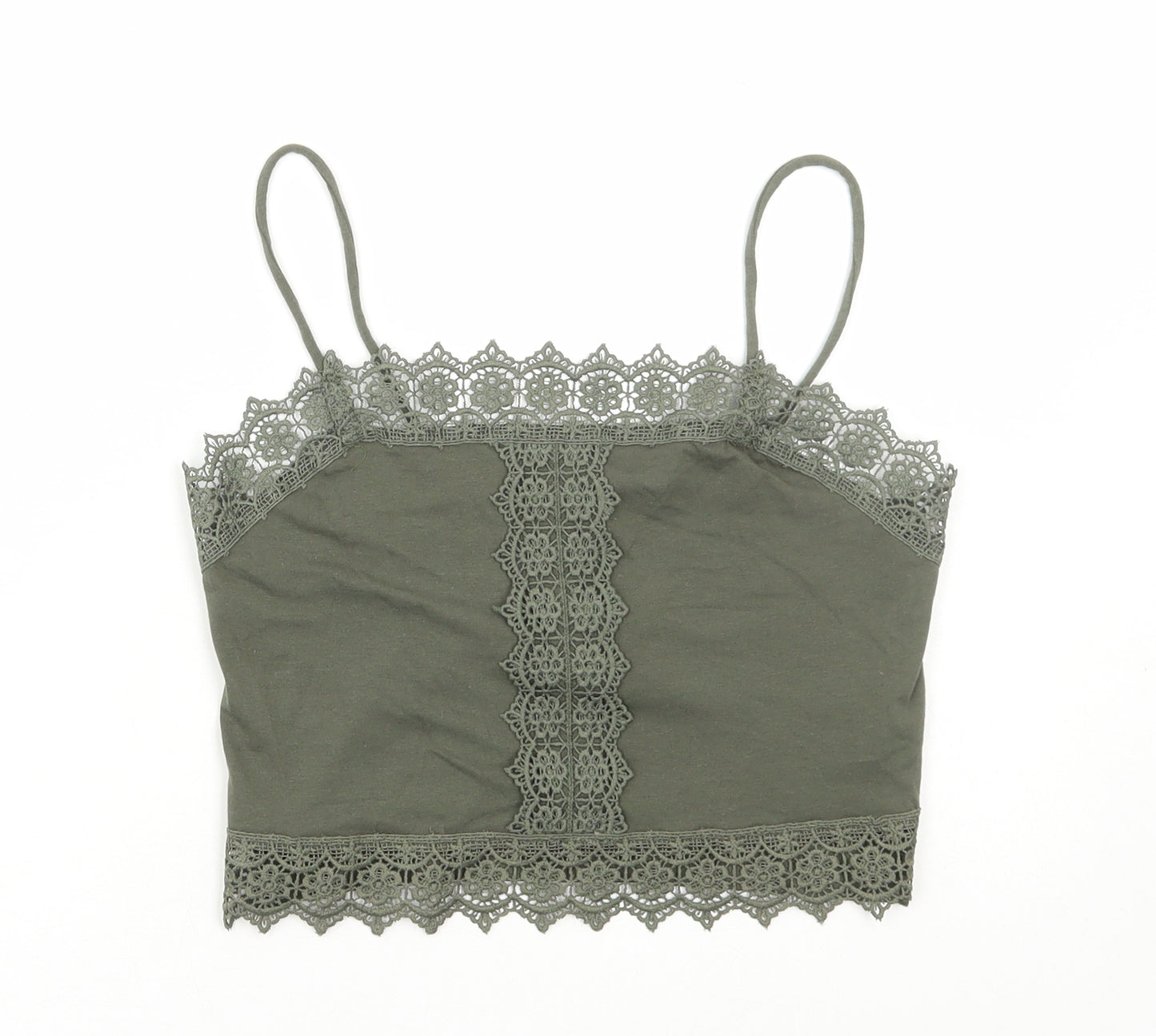 Primark Womens Green Cotton Camisole T-Shirt Size XS Square Neck - Lace Detail