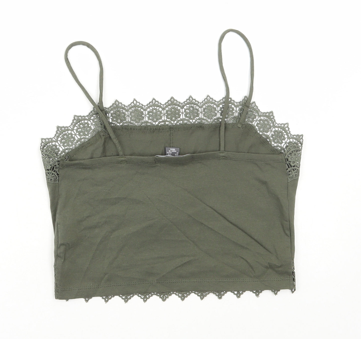 Primark Womens Green Cotton Camisole T-Shirt Size XS Square Neck - Lace Detail