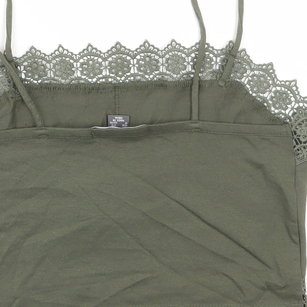 Primark Womens Green Cotton Camisole T-Shirt Size XS Square Neck - Lace Detail
