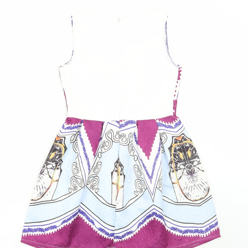 CRFS Womens Multicoloured Geometric Polyester Skater Dress Size S Round Neck Zip