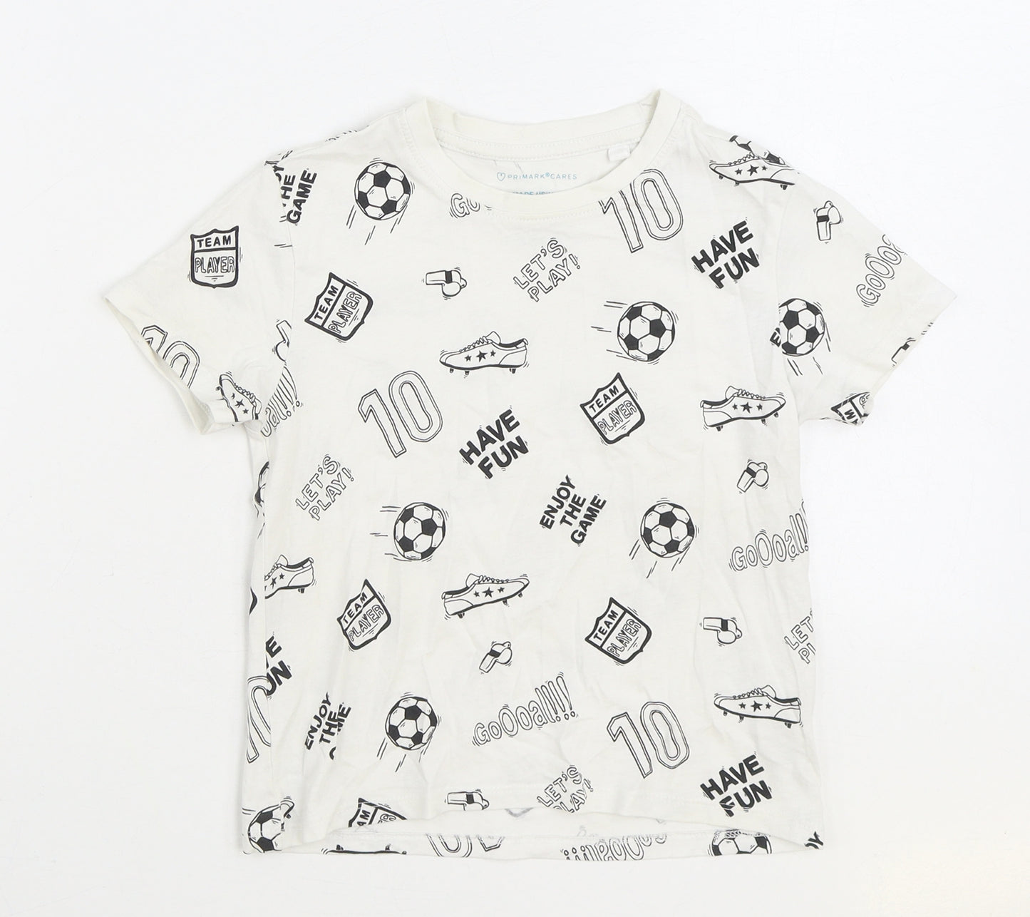 Primark Boys White Geometric 100% Cotton Basic T-Shirt Size 4-5 Years Round Neck Pullover - Football Print