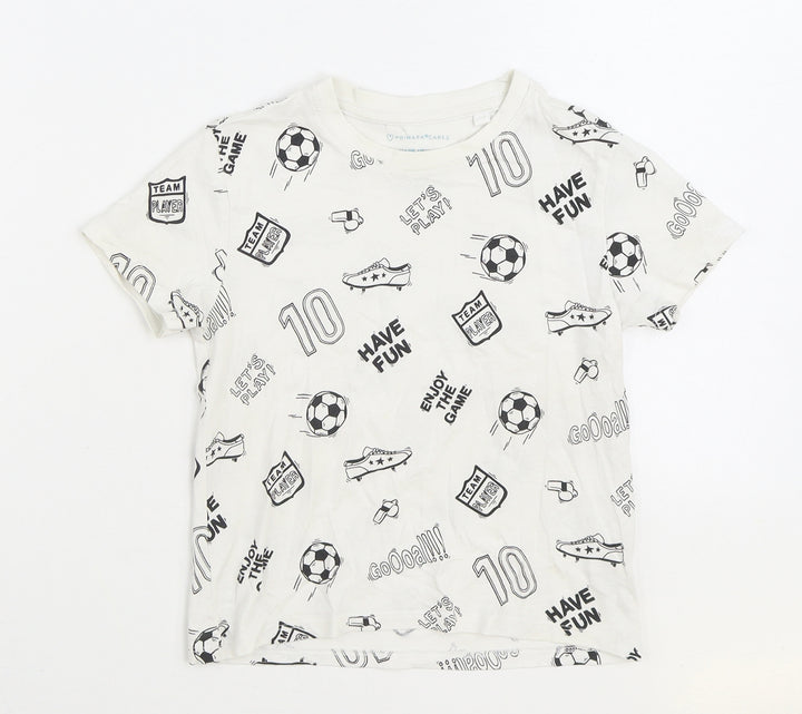 Primark Boys White Geometric 100% Cotton Basic T-Shirt Size 4-5 Years Round Neck Pullover - Football Print
