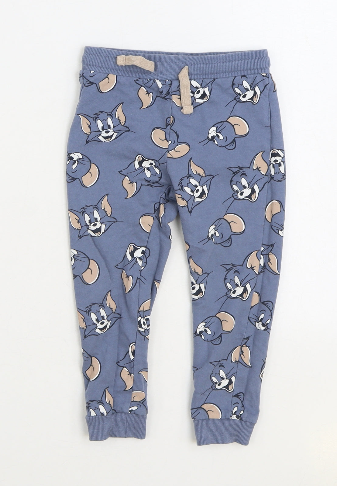 Tom & Jerry Boys Blue Geometric Cotton Jogger Trousers Size 2-3 Years Regular Drawstring