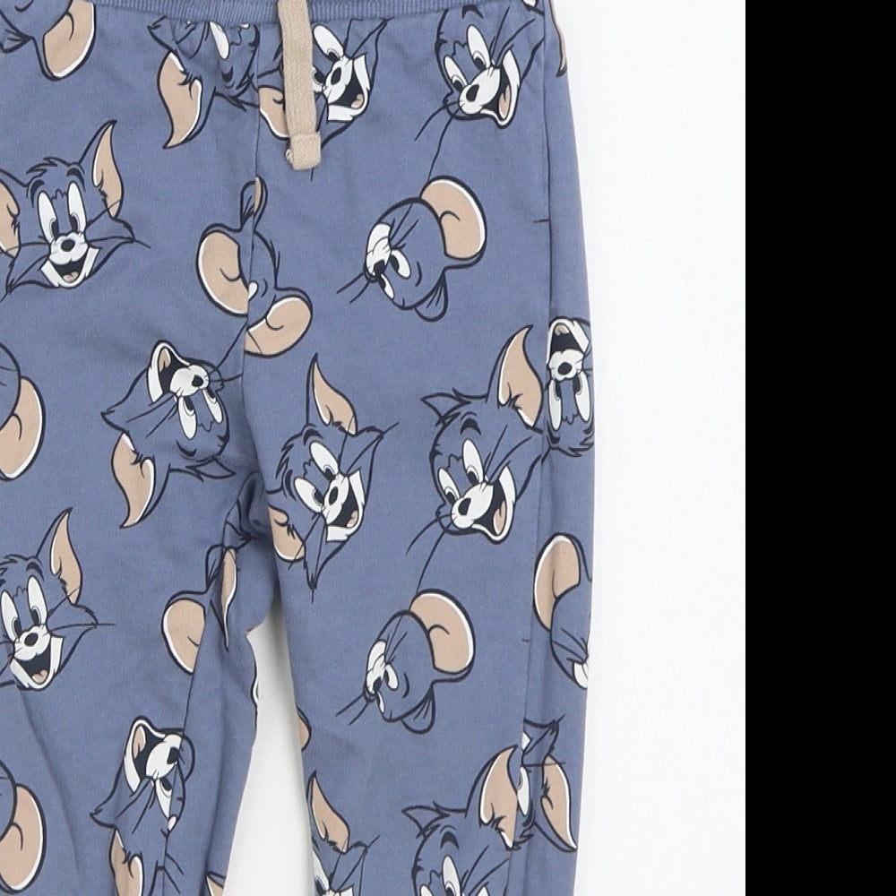 Tom & Jerry Boys Blue Geometric Cotton Jogger Trousers Size 2-3 Years Regular Drawstring