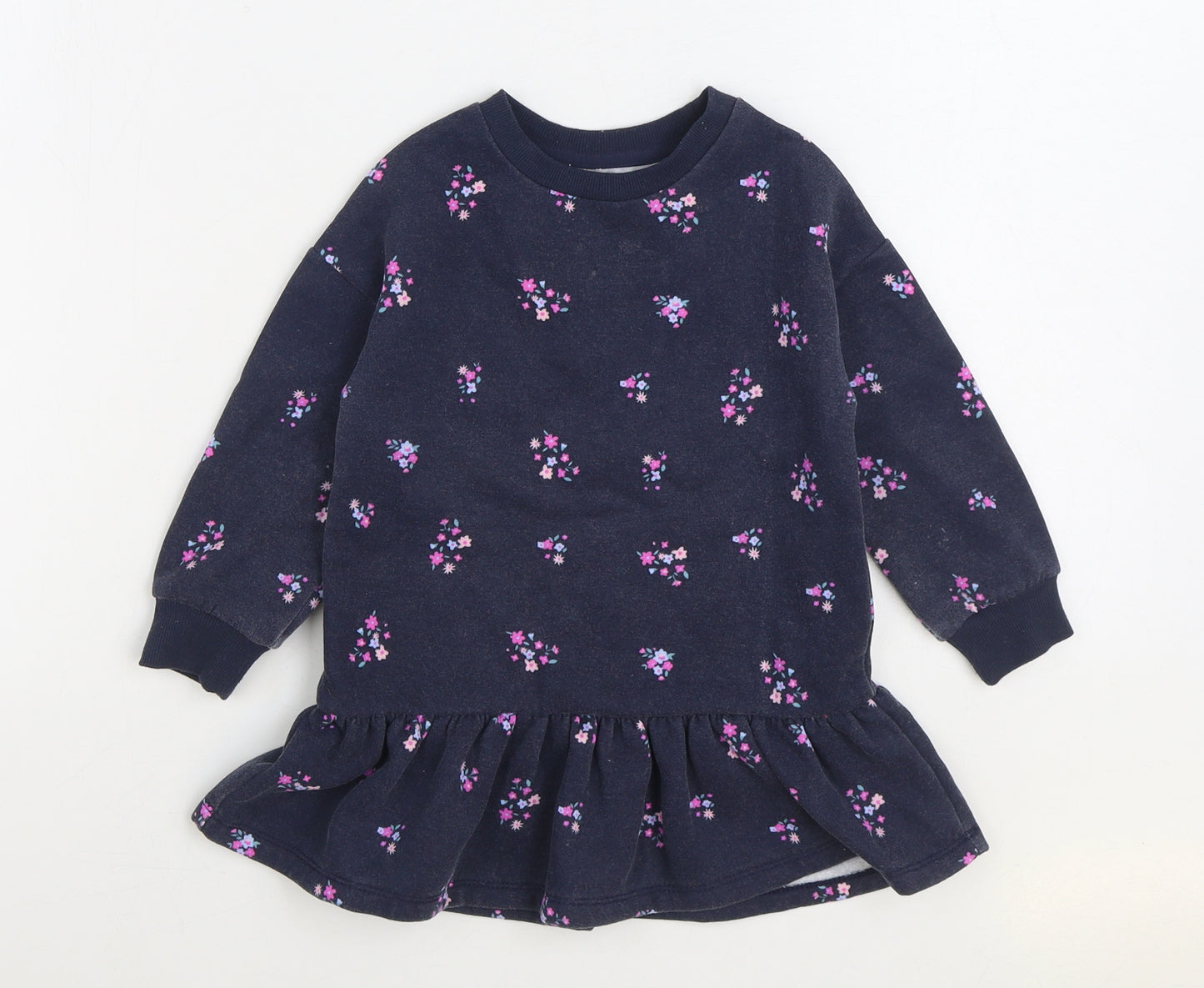 Dunnes Stores Girls Blue Floral Cotton Jumper Dress Size 2-3 Years Round Neck Pullover